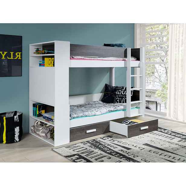 Patrová postel s policemi 80x180 BEDLIA - bílá / zebrano, pravé provedení