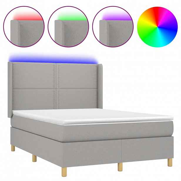 vidaXL Box spring postel s matrací a LED světle šedá 140x190 cm textil