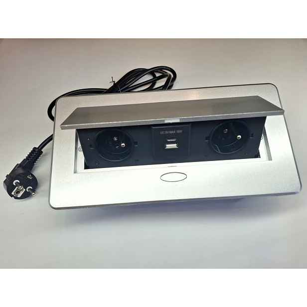 Prodlužovací kabel stolní zásuvka zapuštěný nábytkový port 2x230V+2USB šedý