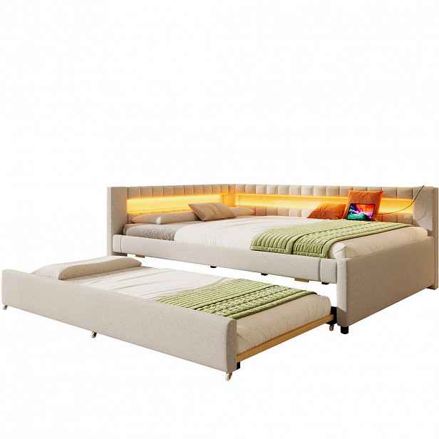 OKWISH DENNÍ postel 140/200 cm béžová z lnu a MDF s výsuvným lůžkem LED a USB/Typ-C