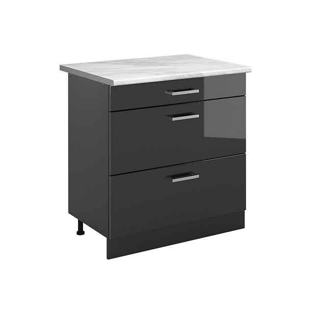 Vicco SPODNÍ SKŘÍŇKA KUCHYŇSKÉ LINKY R-Line, Antracitový vysoký lesk/Antracit, 80 cm se 3 zásuvkami pracovná doska Mramor
