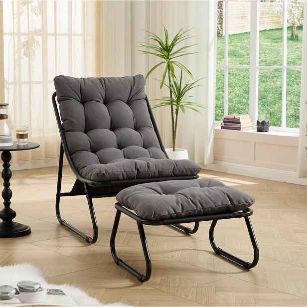 OKWISH ZAHRADNÍ relaxační křeslo s podnožkou 65/78/86 cm šedočerné z oceli s polštářem