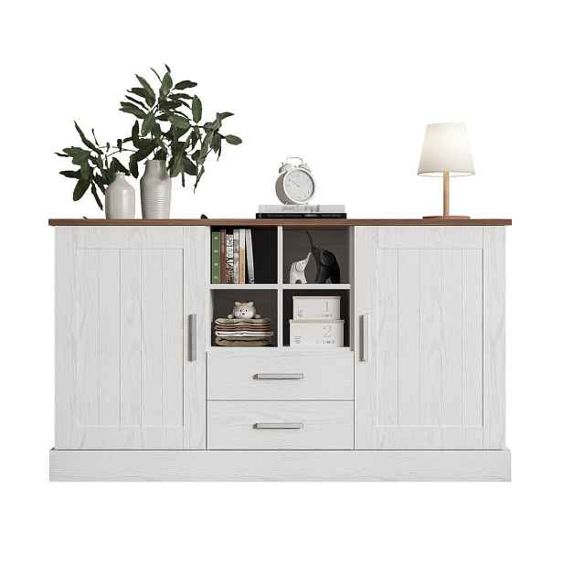 Redom SIDEBOARD 140/40/79,5 cm s velkým úložným prostorem, soft-close panty a otevřenými policemi, Bílá, hnědá