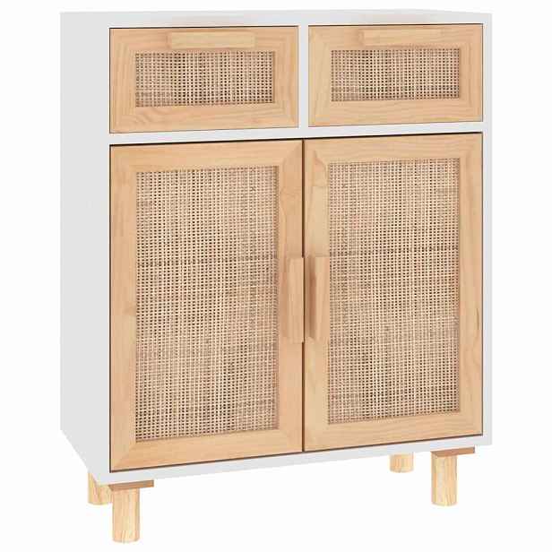 vidaXL Příborník bílý 60x30x75 cm masivní borovice a přírodní ratan