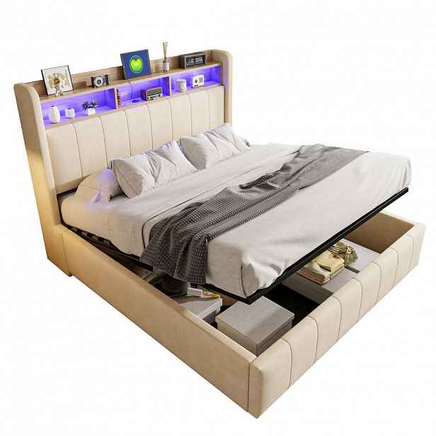 Modfu ČALOUNĚNÁ postel z lněné tkaniny 160x200 cm béžová s LED, USB a USB-C, hydraulickým úložným prostorem
