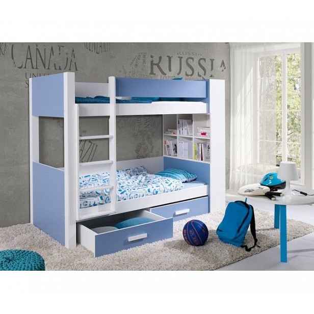 Patrová postel s policemi 90x200 BEDLIA - bílá / modrá, levé provedení