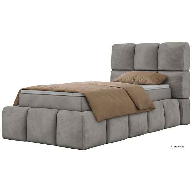MKS KONTINENTÁLNÍ POSTEL NIRA 90/200 - Světle šedá Samet - Topper T25 - H4
