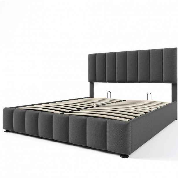 Modfu ČALOUNĚNÁ postel z lnu 140x200 cm šedá s nastavitelným čelem, úložným prostorem a matrací