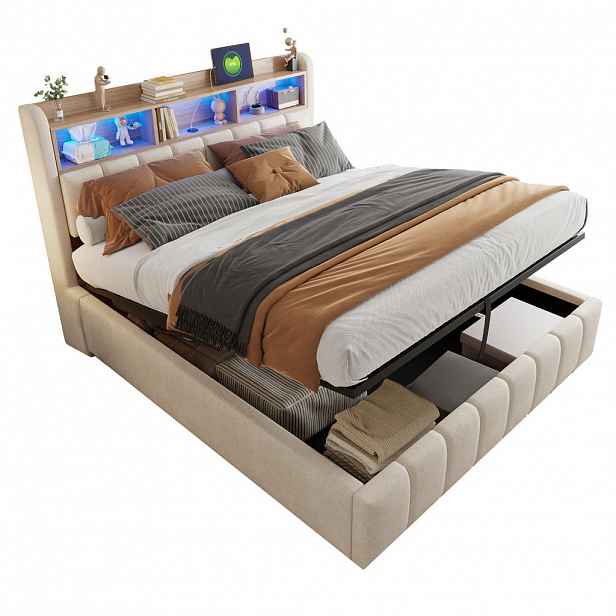 OKWISH ČALOUNĚNÁ postel 180/200 cm béžová z lněné tkaniny s LED osvětlením, USB a úložným prostorem
