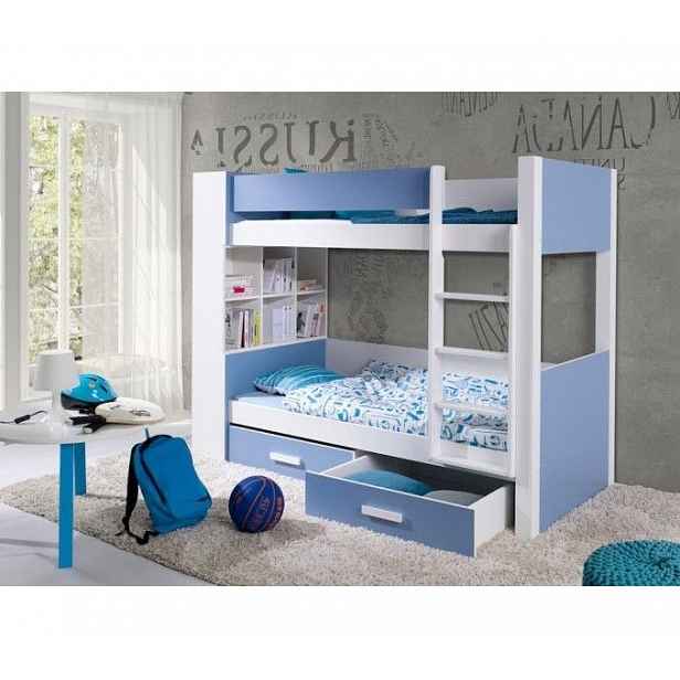 Patrová postel s policemi 90x190 BEDLIA - bílá / modrá, pravé provedení