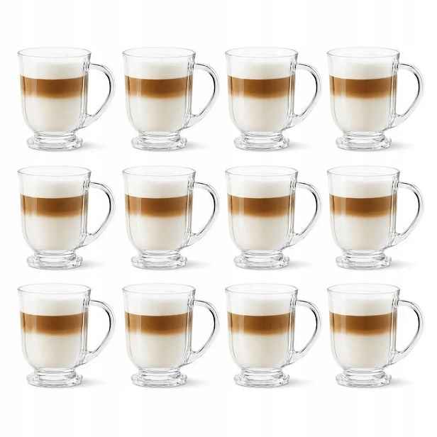 Skleněné hrnky na kávu na podstavci 500 ml, sada 12 kusů s uchem pro Latte