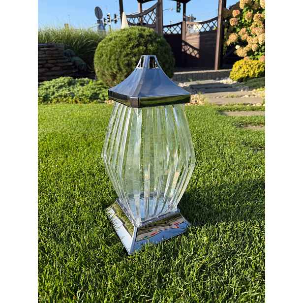 Hřbitovní Svíčka křišťál stříbrný s průhledným stínítkem – náhrobní lampa 40x18 cm