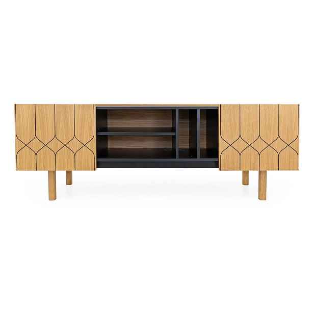 Černý/přírodní TV stolek v dekoru dubu 175x60 cm Porto – Woodman