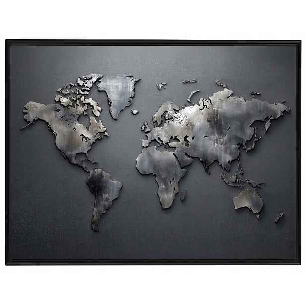 Plakát Rámeček Aluminium Mapa Světa Kovová Šedá Industrial Loft 80x60