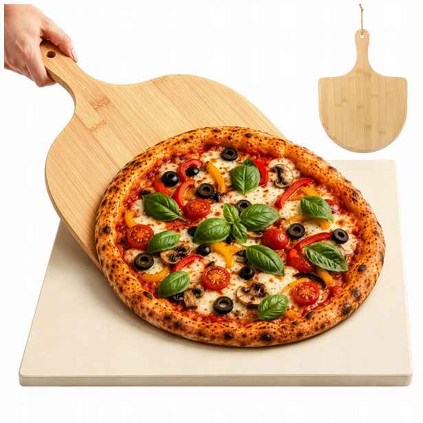 Kámen na pizzu 39x36 cm Velký Špachtle Bambusová deska na servírování 2v1