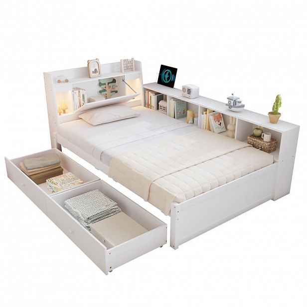 OKWISH JEDNOLŮŽKO 90/200 cm bílé z masivu a MDF s úložným čelem, osvětlením a zásuvkami