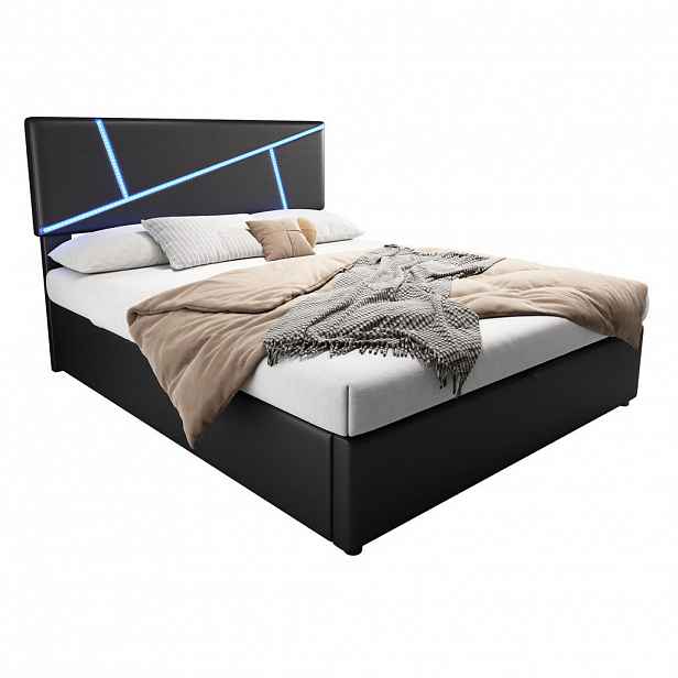 Modfu ČALOUNĚNÁ postel z PU 140x200 cm černá s LED osvětlením, hydraulickým úložným prostorem a lamelovým roštem