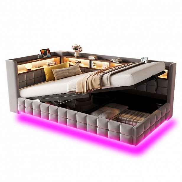 OKWISH ČALOUNĚNÁ postel 90/200 cm světle šedá ze sametu s úložným prostorem, LED a USB nabíjením