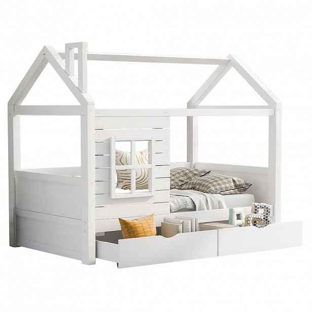 OKWISH DĚTSKÁ postel domeček 90/200 cm bílá z borovice se zábranou, okny a úložnými zásuvkami