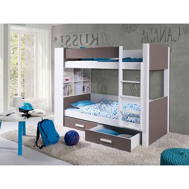 Patrová postel s policemi 80x180 BEDLIA - bílá / dub lanýž, pravé provedení