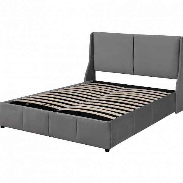 Modfu ČALOUNĚNÁ postel z sametu 140x190 cm šedá s hydraulickým úložným prostorem a čelem ve tvaru uší