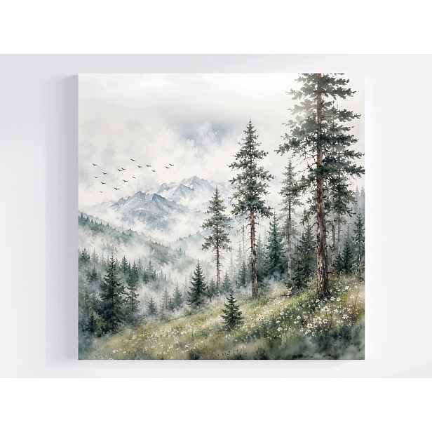 Obraz Na Plátně Canvas Krajina Hory Vrcholky Les Stromy Mlha Ptáci 50x50