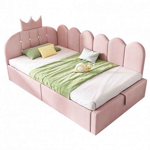 OKWISH ČALOUNĚNÁ postel 90/200 cm růžová z sametu a kovu s úložným prostorem a korunkovým čelem