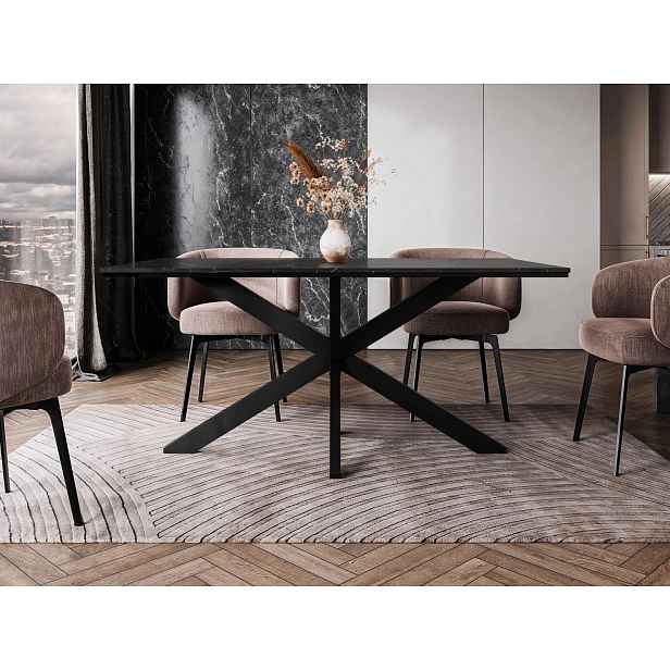 Designový jídelní stůl 160x90 SUMNER - mramor black royal / lesklý černý / černý