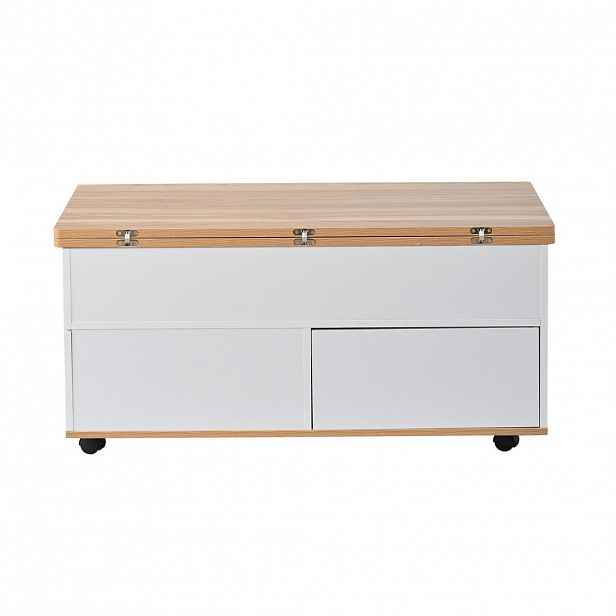 OKWISH KONFERENČNÍ stolek 100/98/65 cm bílý a přírodní z dřevotřísky s hydraulickým zvedáním a úložným prostorem