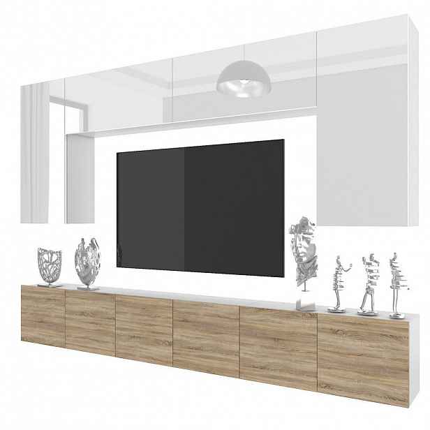 B BELINI GROUP OBÝVACÍ STĚNA Milano 2, Bílá / Dub Sonoma, 300 cm, Bezúchytková