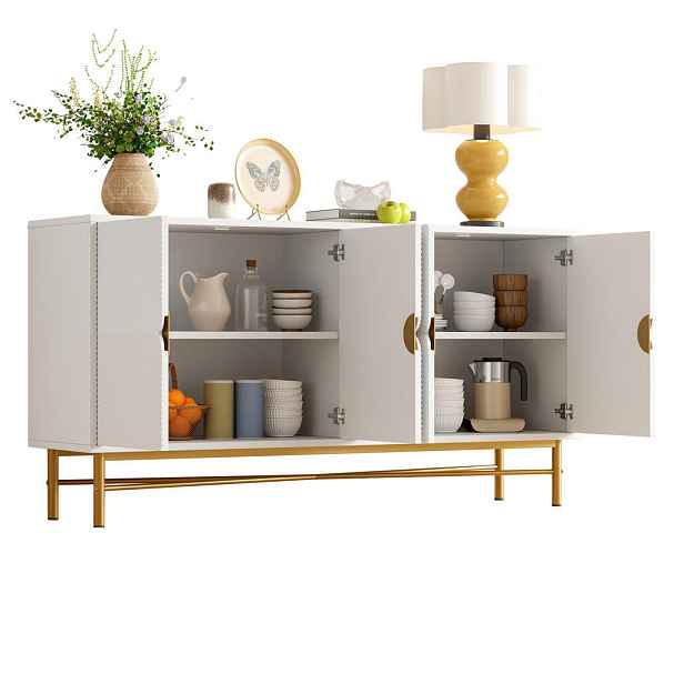 Redom SIDEBOARD 160/40/82 cm se čtyřmi dvířky, měkkým dovíráním a zlatými prvky, Bílá