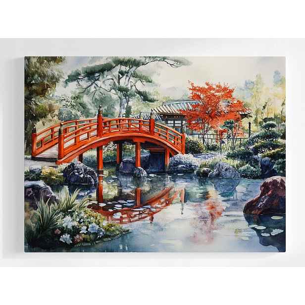 Plakát Japonská Zahrada Mostek Rybník Akvarel 100x75