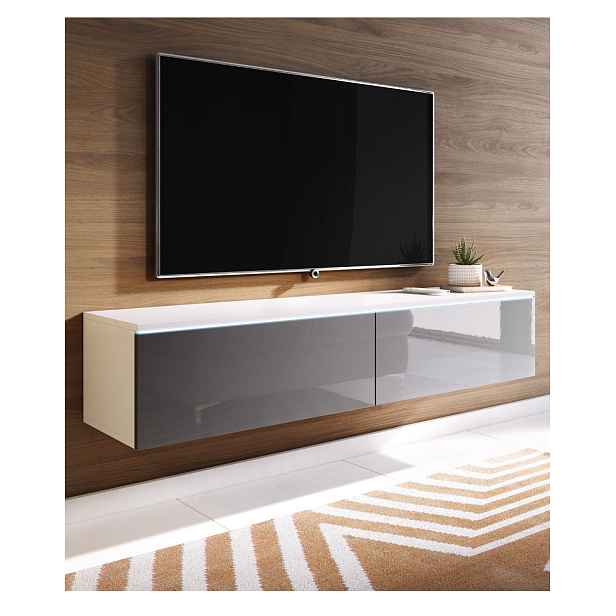 TV stolek LED 140 cm závěsný nebo stojící bílý/šedý lesk Lowboard D