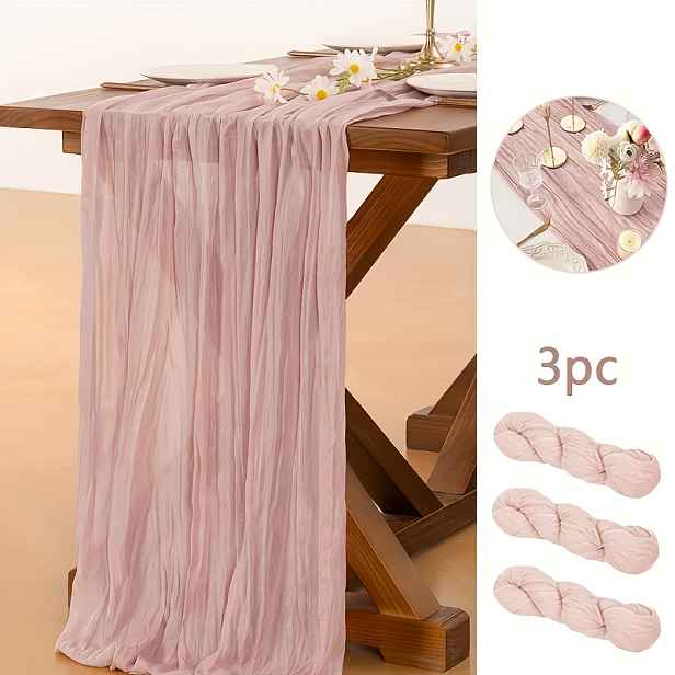 TEMU 3ks Běhoun na stůl z bohémské zaprášené růžové sýrové látky--retro venkovský styl, průhledný polyester, ideální pro svatby, svatební výstavy,