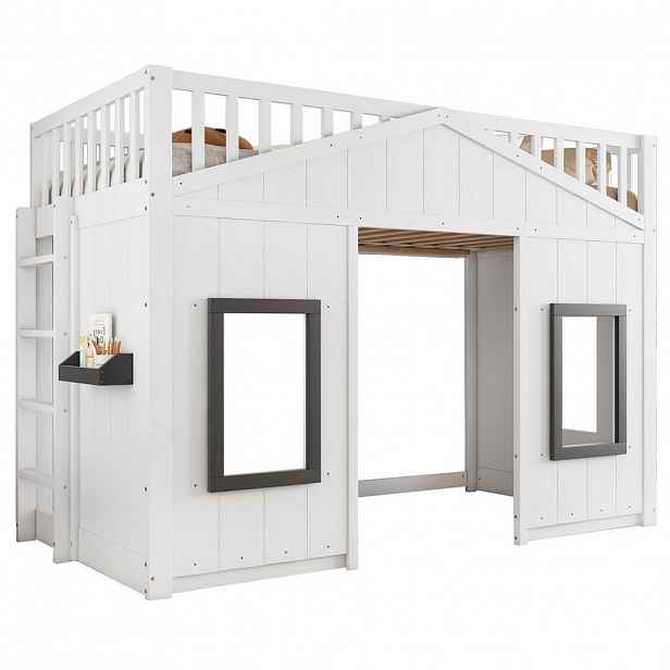 OKWISH PATROVÁ postel 90/200 cm bílá se schody a ochranou proti pádu z borovice + MDF