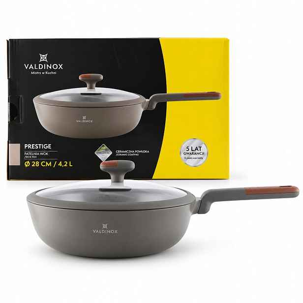 Wok 28 cm keramická povrchová úprava, plynová indukce s víkem Valdinox Prestige 4,2 l