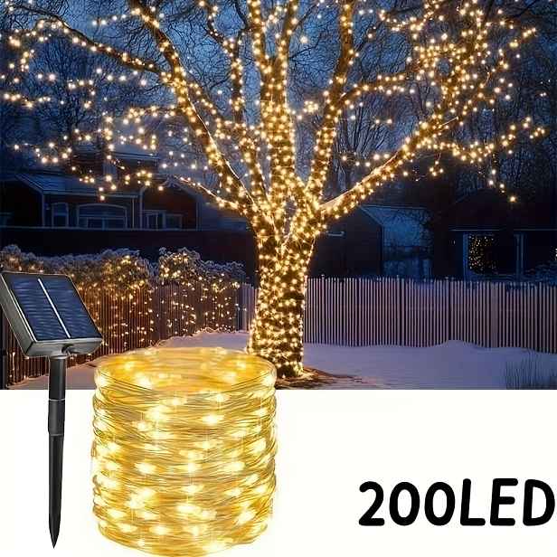 TEMU Solární LED řetězová světla s měděným drátem a lithiovou baterií, 50/100/200 LED venkovní dekorativní světla do zahrady, vhodná pro vánoční