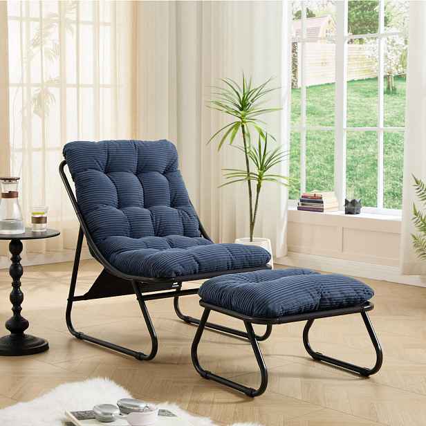 OKWISH ZAHRADNÍ relaxační křeslo s podnožkou 65/78/86 cm tmavě modrá z oceli s měkkým polstrem