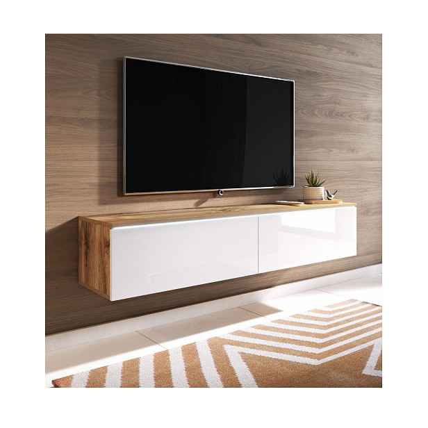 TV skříňka LED 140 cm závěsná nebo stojící dub wotan/bílý lesk Lowboard D