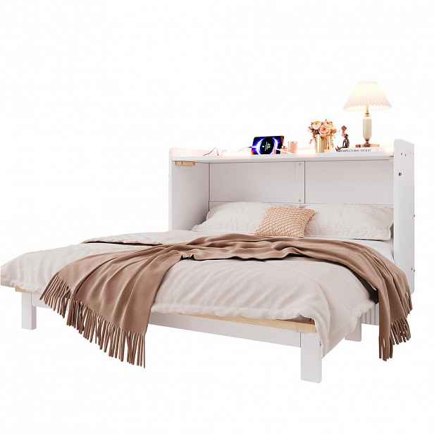OKWISH SKLÁPĚCÍ postel 140/200 cm bílá z MDF s LED osvětlením USB a zásuvkou