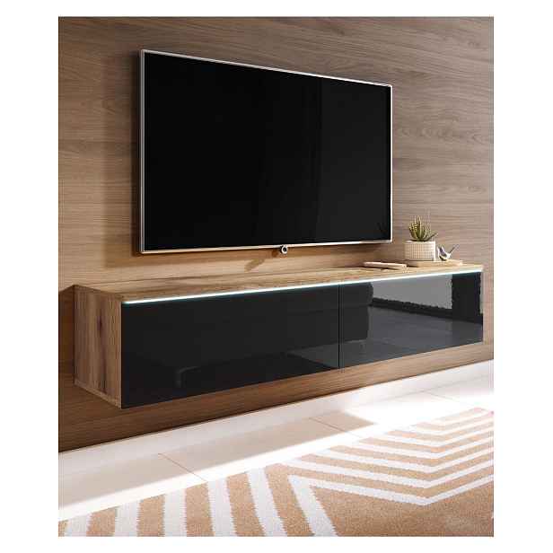 TV stolek LED 140 cm závěsný nebo stojící dub wotan/černý lesk Lowboard D