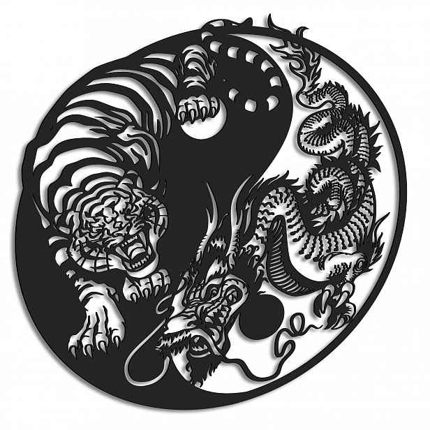 Dřevěný 3D obraz Tygr a drak Yin Yang Nástěnná Dekorace Dárek