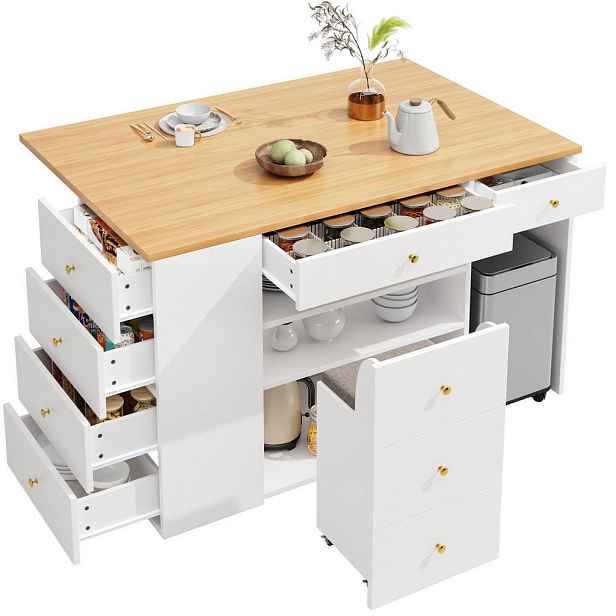 Redom KUCHYŇSKÝ ostrůvek 140/40/89 cm se 6 zásuvkami, úložným prostorem a pojízdnou taburetkou, Bílá