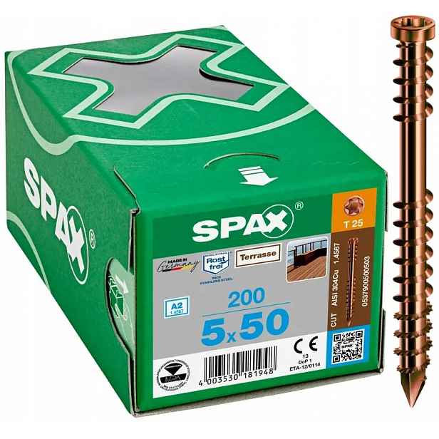 Terasové Vruty A2 200 Kusů Tx 5.0*50MM Spax-d T25 Staré Zlato Spax