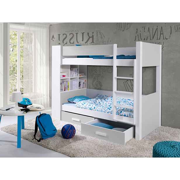 Patrová postel s policemi 90x200 BEDLIA - bílá / šedá, pravé provedení