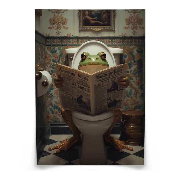 Muralo PLAKÁT do WC a Koupelny ŽÁBA na Toaletě Retro Noviny Abstrakce 50x70cm