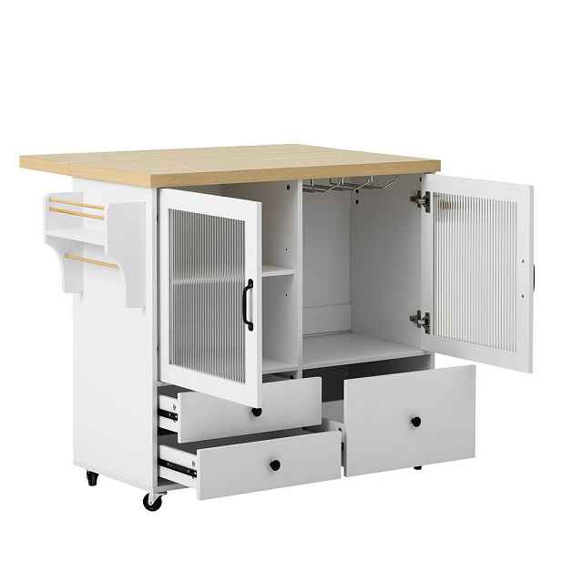 Redom KUCHYŇSKÝ ostrůvek 100/42-70/91,5 cm s výklopnou pracovní deskou, úložným prostorem a držákem na sklenice, Bílá/Přírodní
