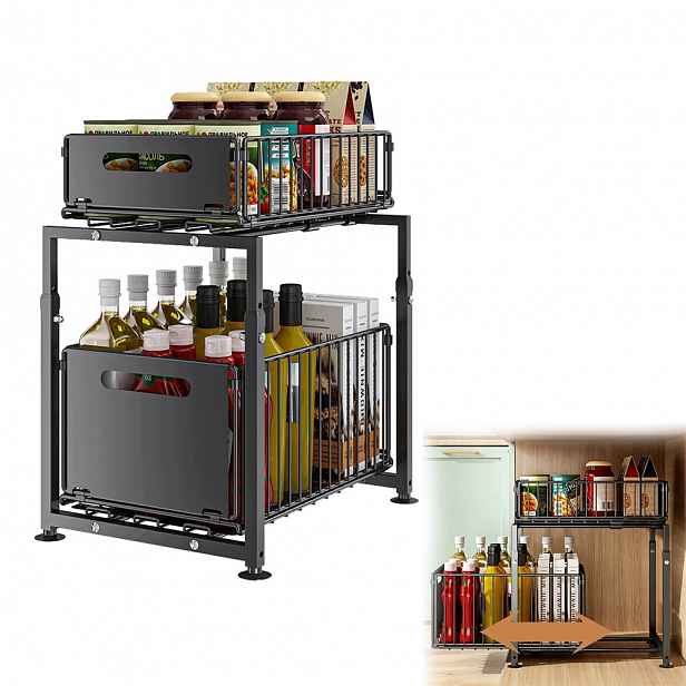 Organizér Pod Dřez 2ÚROVŇOVÁ Výsuvná Police Regál Stojan Do Kuchyně Černý
