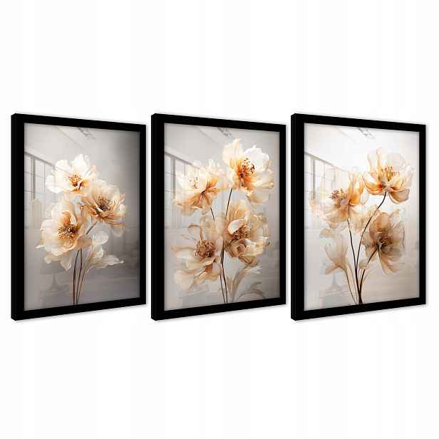 Obrazy Na Zeď V Černém Rámu Plakáty Triptych Květiny Moderní 43x99