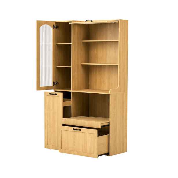 EVRYAE BUFFET Kuchyňská skříňka s rýhovaným sklem výsuvnou policí nastavitelnými policemi do kuchyně jídelny přírodní 98x40x177 cm